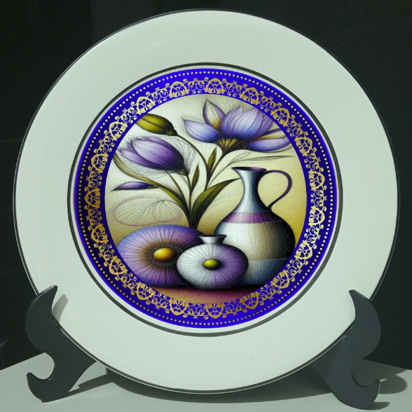 Prato Decorativo - Branco - Borda Friso preto - Vaso, pote e flores - Ref.: 2726