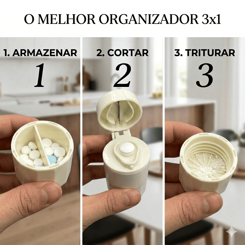Triturador Amassador de Comprimidos 3 em 1 Supermedy - Corta Amassa Porta Remédio Portátil Prático Kit C/1 2 3 Unidades