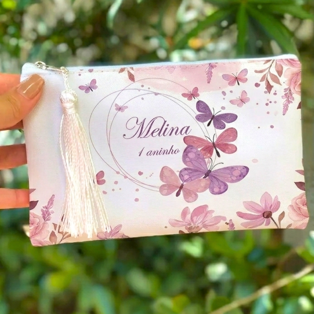 Mimo Especial: Kit Necessaire Personalizada Jardim das Borboletas para Brinde e Lembrancinha de Aniversário Infantil