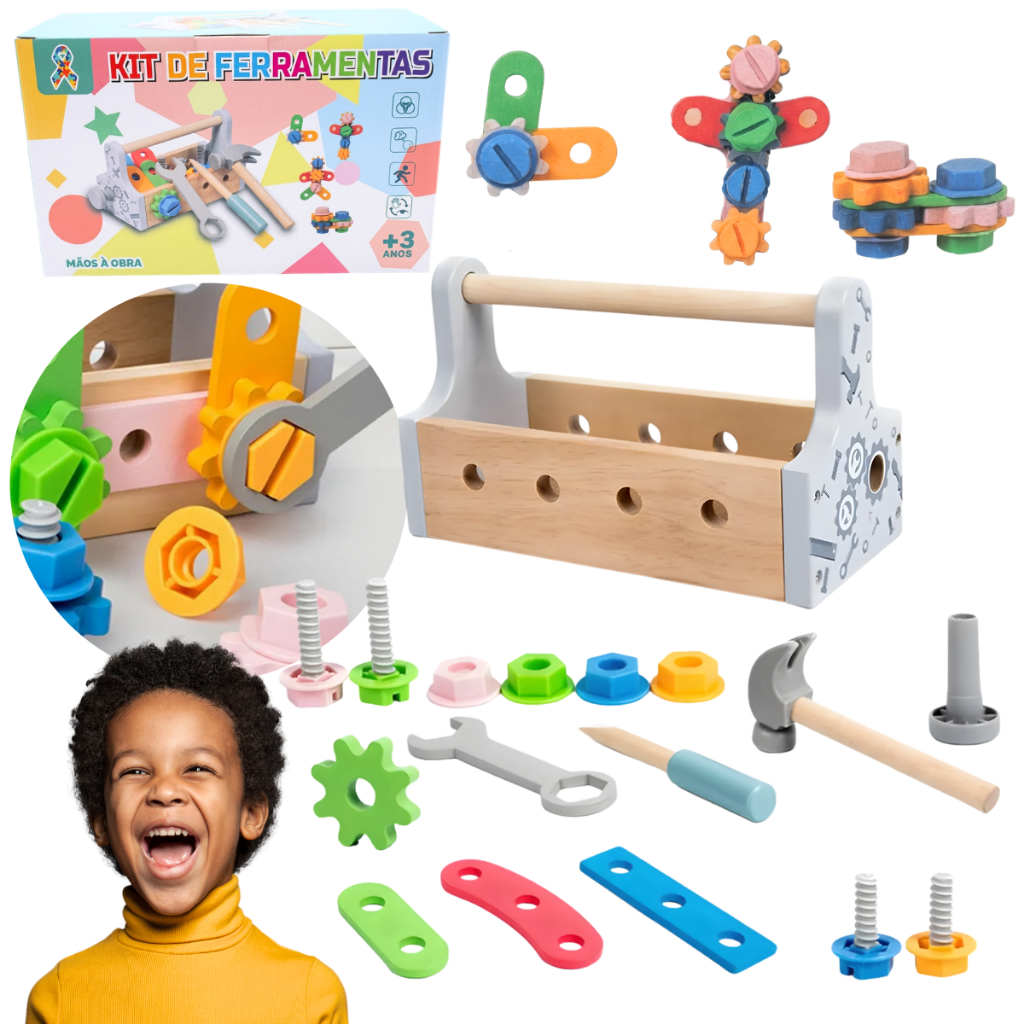 Kit de Ferramentas Infantil Madeira Monta Monta Educativo Brinquedo Montessori Martelo Chave