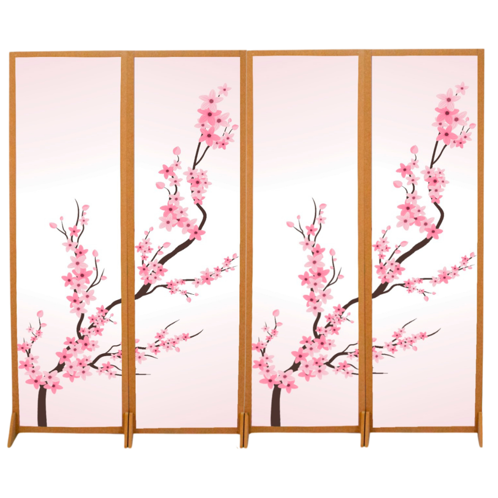 4 Biombo Oriental Com Pé Divisor De Ambiente Japonês Cerejeira Painel Divisória Folha Separador Asiático Madeira Mdf