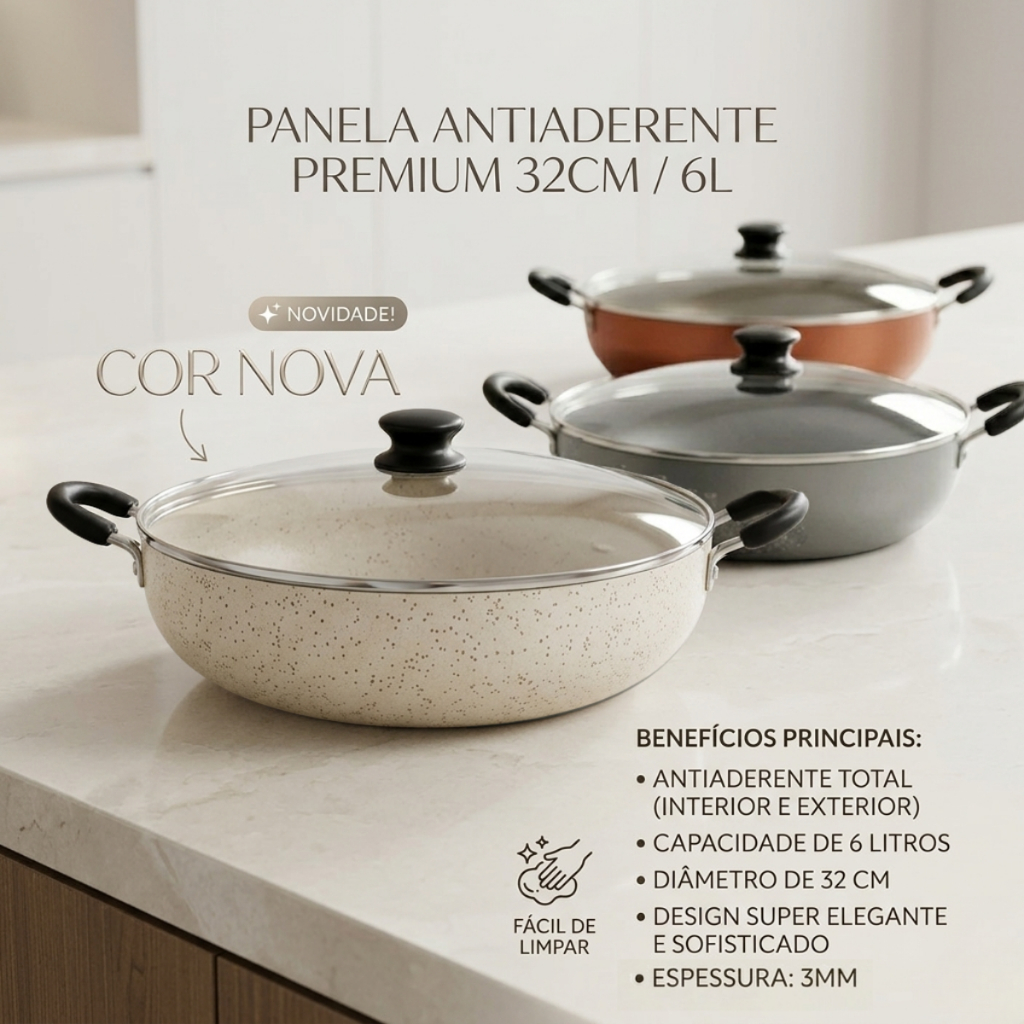 Panela Wok Antiaderente Com Tampa De Vidro 32 Cm 6 Litros Alumbella