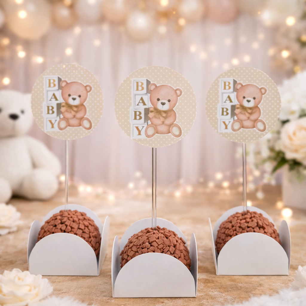 Topper para Docinhos Ursinho Dourado Neutro | Chá de Bebê | Apliques | Topo Doces | Festa Infantil