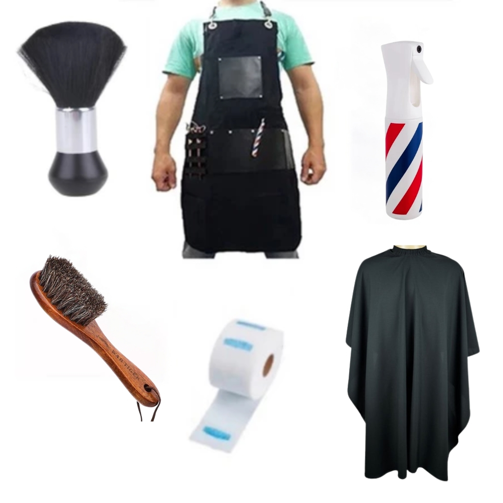 Kit Avental Barbeiro + Capa + Borrifador + Gola + Espanador + Escova
