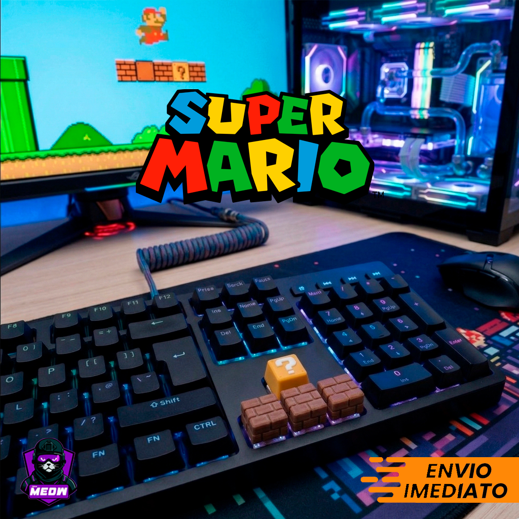 4 Keycaps Mario Bros + Removedor de Tecla - 1 Bloco '?' Amarelo + 3 Blocos Tijolo