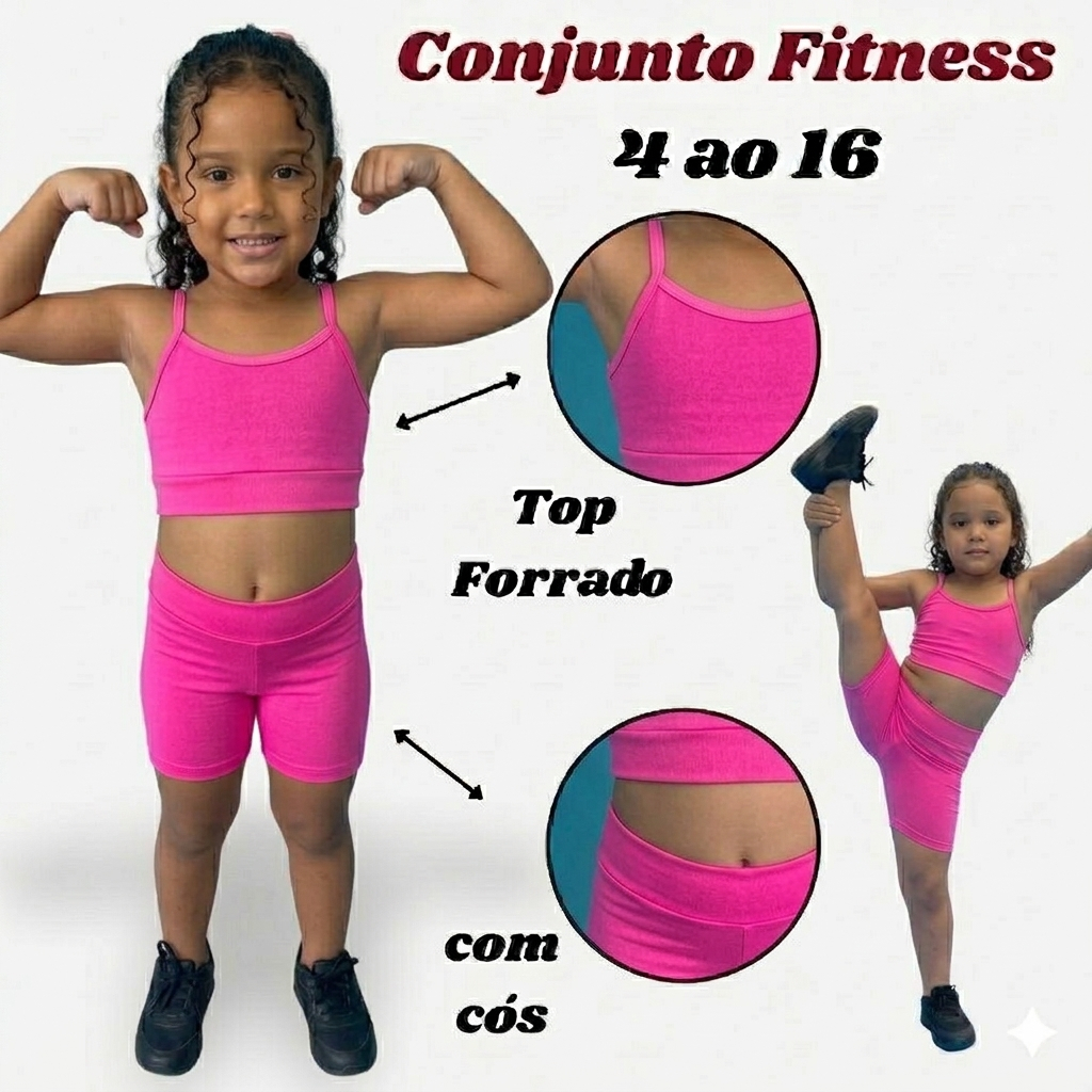 Conjunto Infantil Academia Short Cós Alto + Top Alça Sem Bojo Criança Menina Uniforme Escolar Esportivo