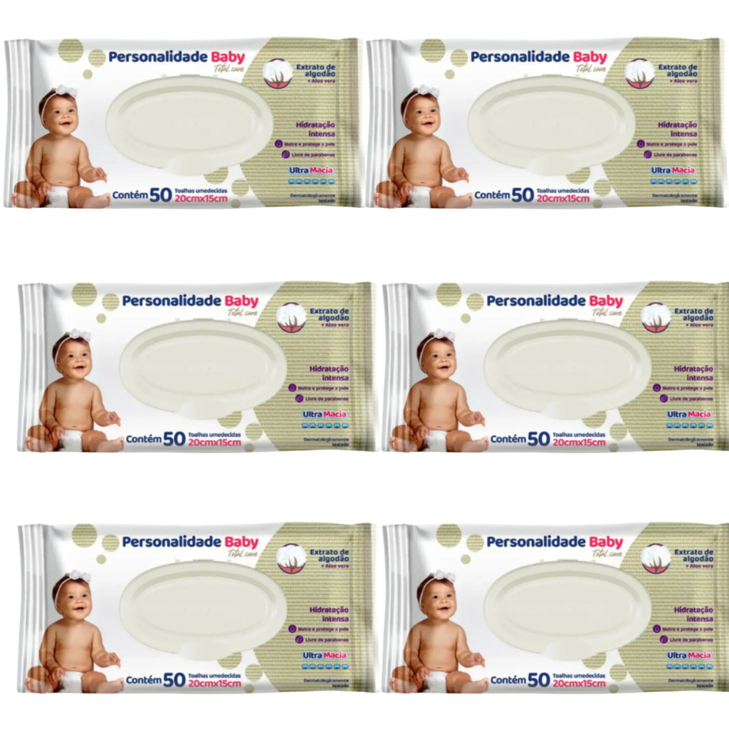 Kit 6 pacotes de Toalha Umedecida Personalidade Baby com 50 unidades cada - 300 Lenços