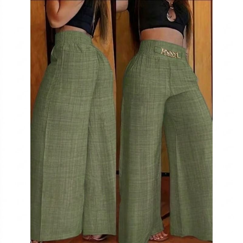 Imagem Calça Pantalona De Linho Com Cinto Fake e Cintura Alta e Bolsos