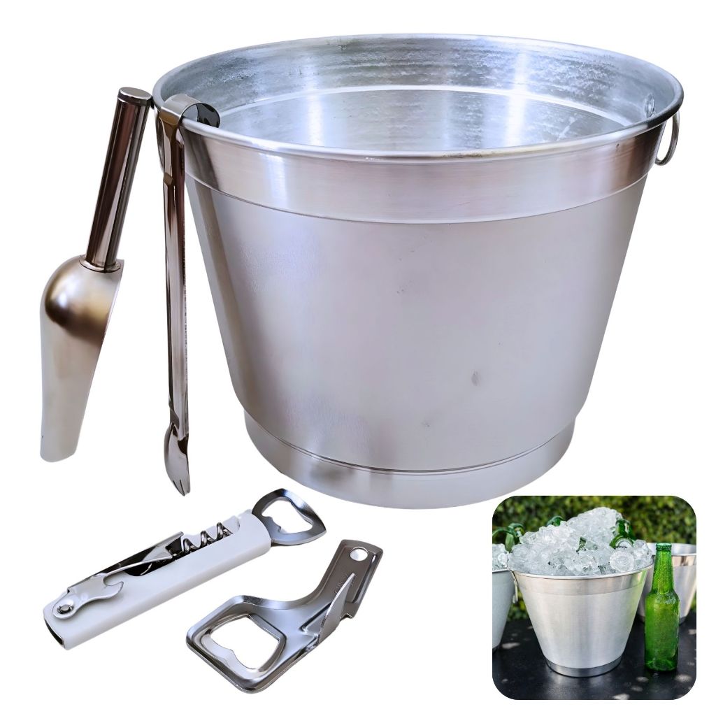 Kit Balde Gelo 7L Abridor Saca Rolhas Pá Pegador Champanheira Suporte Cerveja Vinho Pazinha Copa Bar Aço Inox