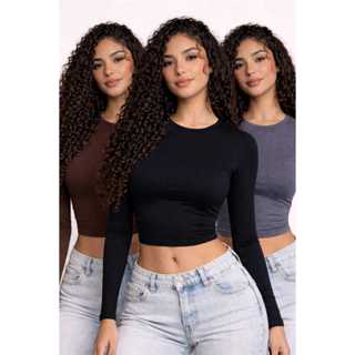 Kit 3 Blusas Baby Look Manga Longa Feminina Suplex Premium Slim Ajustada Moda Blogueira P M G GG em Oferta na Shopee