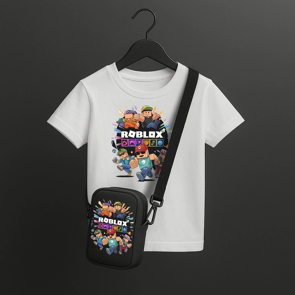 Kit Duas Peças Camiseta Infantil Roblox 2 + Shoulder Bag Camiseta Estilosa e Bolsa Gamer Personagem