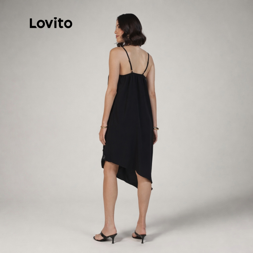 Lovito Vestido Barra Assimétrica e Detalhes em Renda DRB1328BRL1358