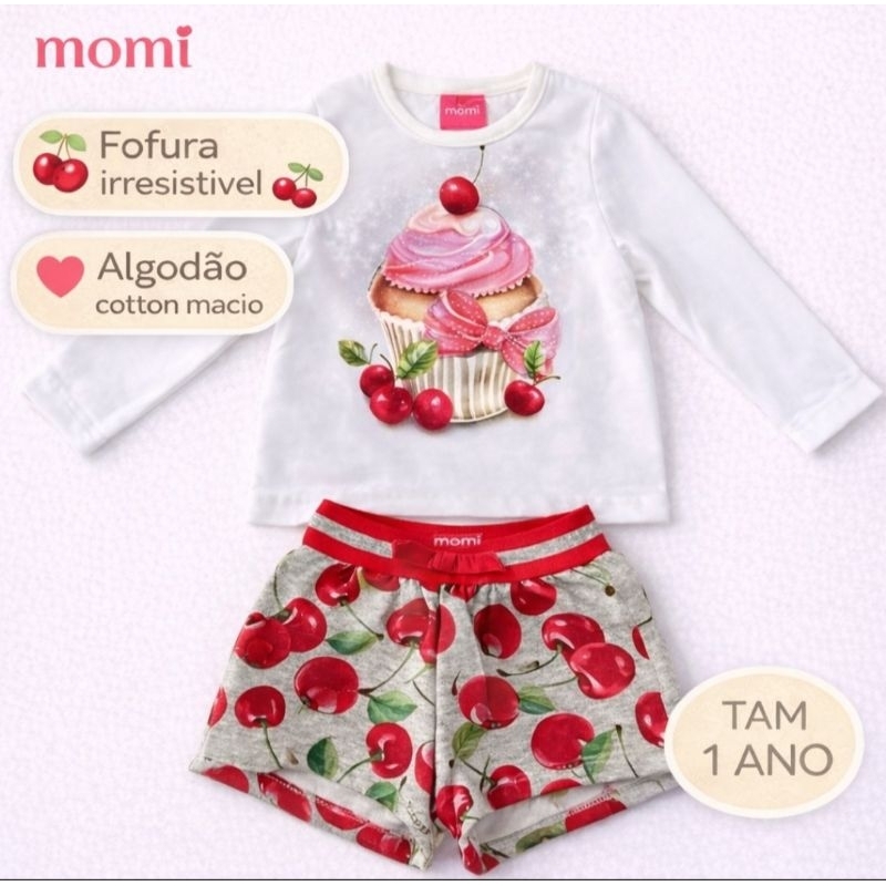 Conjunto Infantil Momi 1 Ano Menina Blusa Manga Longa + Short Estampado Algodão Cotton Confortável