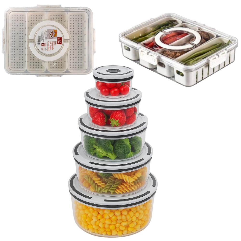 Kit Cozinha Conjunto 5 Potes Herméticos de Plástico Com Tampa 2 Cesto Organizador Geladeira Casa Organização Alimentos