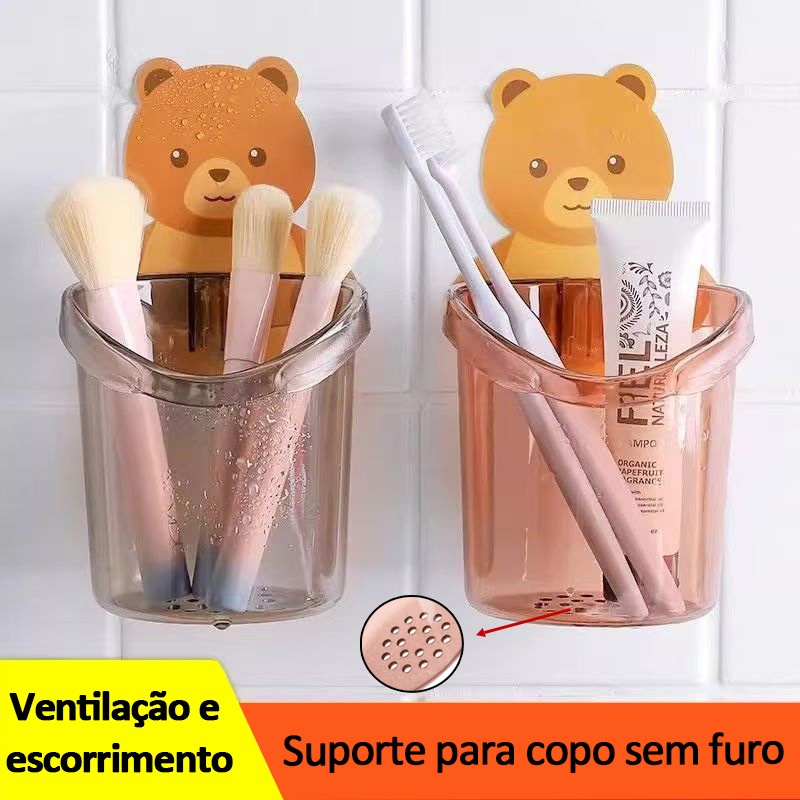 Suporte com Adesivo para Banheiro – Porta Escova de Dentes e Barbeador, Design Urso Fofo