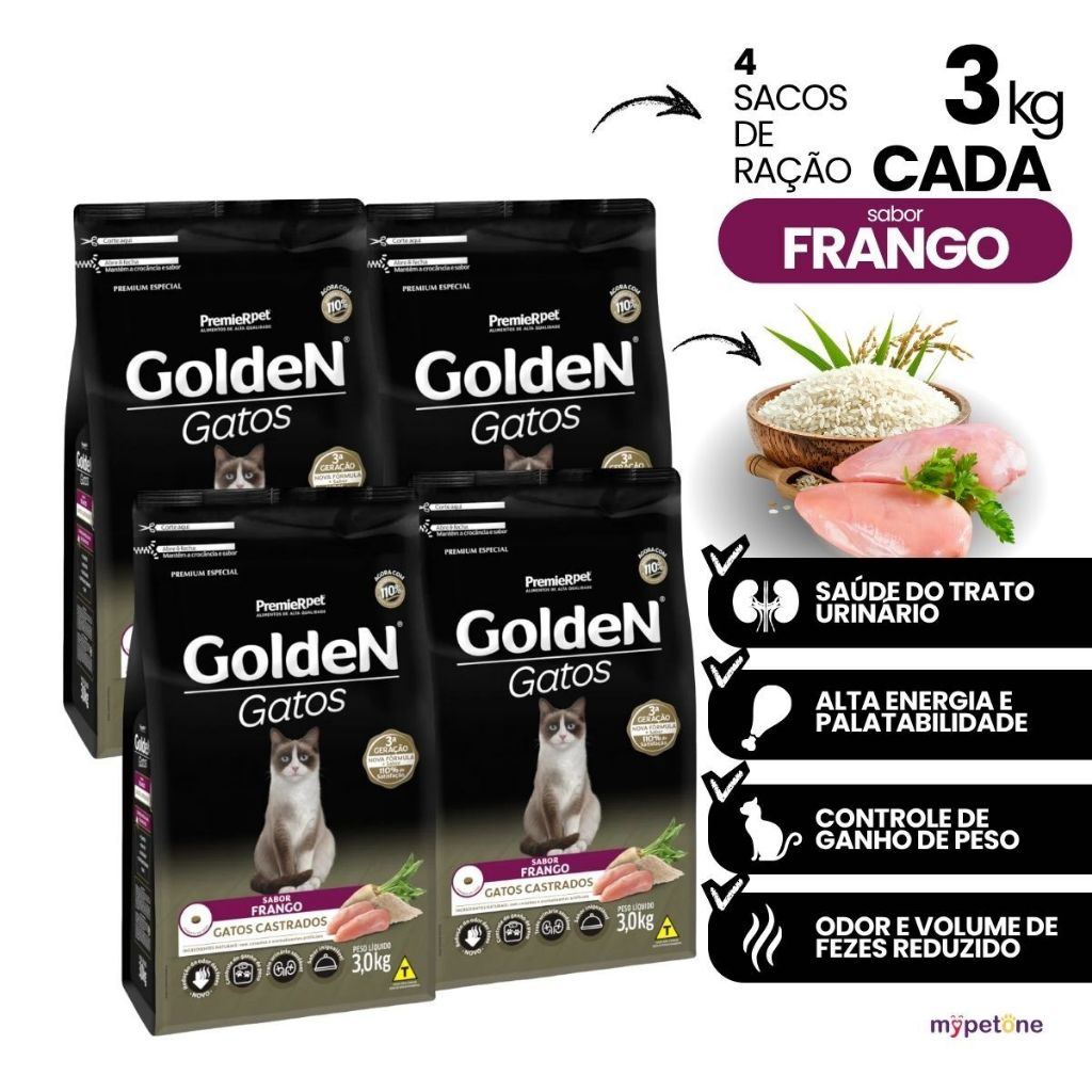 4 Ração Para Gatos Castrados Golden Frango 3kg Premier Pet