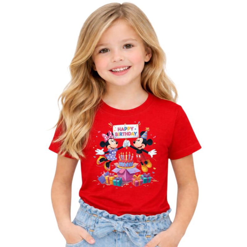 Camiseta infantil de Mickey e Minnie  happy bordei aniversário divertida algodão criança tamanho do 2 ao 14