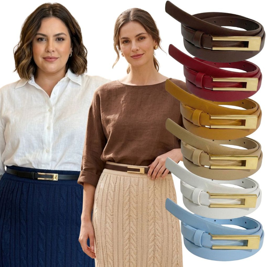 Cinto Feminino Plus Size Fino 1.5cm Moda Sofisticada Alfaiataria Fivela Dourada Elegante - Paulina
