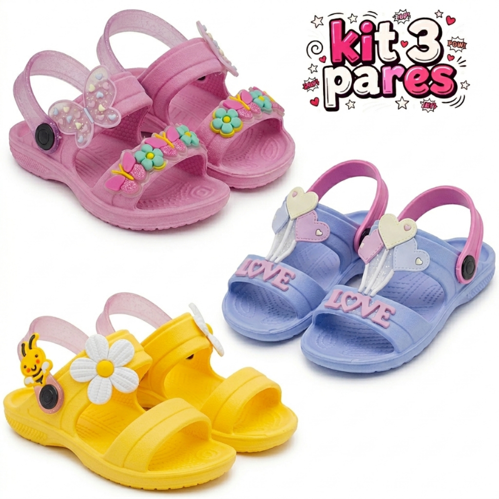 Kit 3 Papete Sandália Infantil Menina Colorida Chinelo Leve Com Sola Antiderrapante