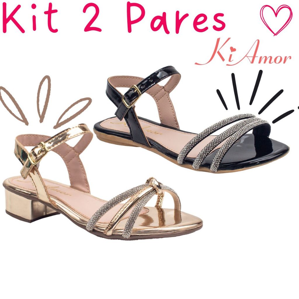 Kit Sandália Infantil Menina Saltinho Rasteirinha Confortável Delicada Strass Brilho Promoção