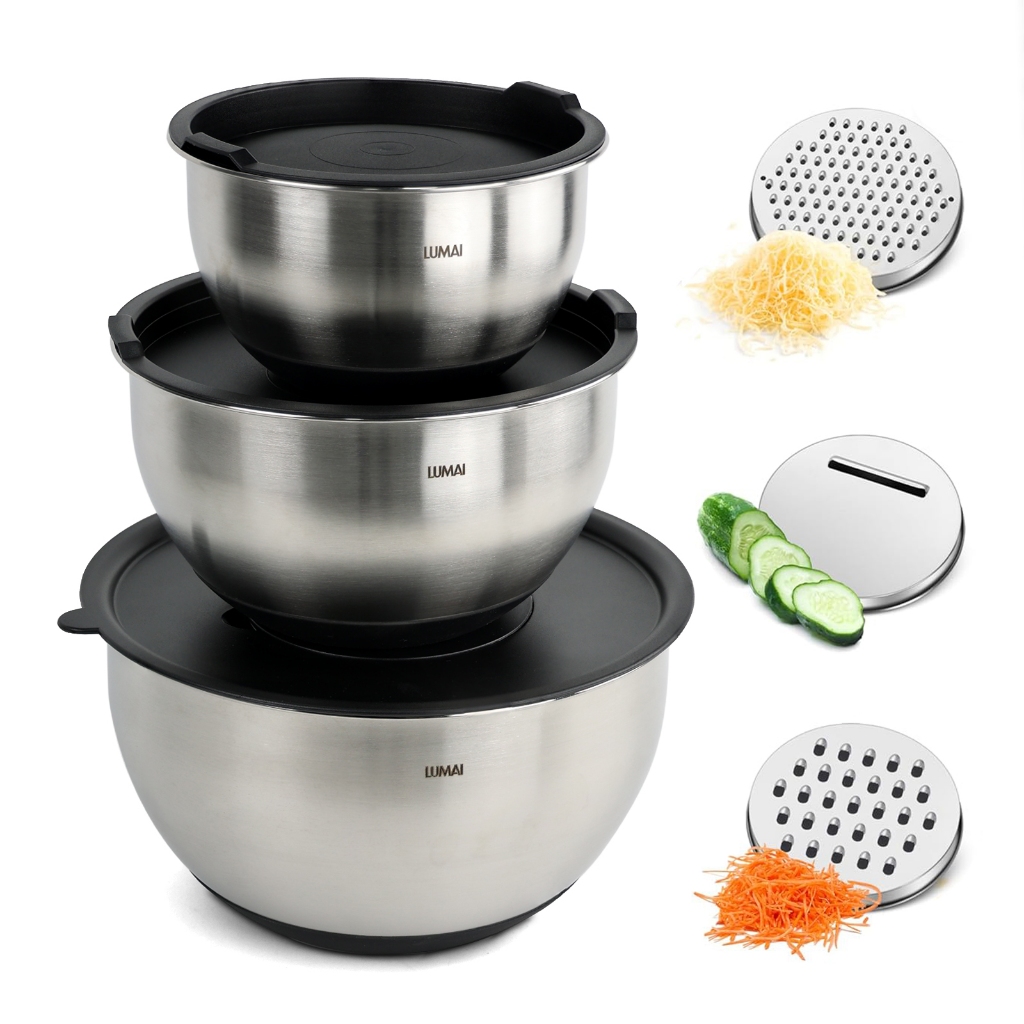 Lumai Kit 3 Bowls Tigelas Grandes de Aço Inoxidável com Tampas Hérmeticas e 3 Discos de Inox Ralar