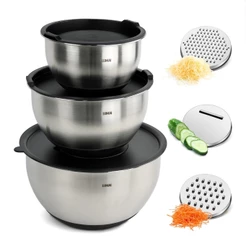 Lumai Kit 3 Bowls Tigelas de Cozinha Bacia Aço Inox com Tampa Utensilio com Ralador Base Silicone