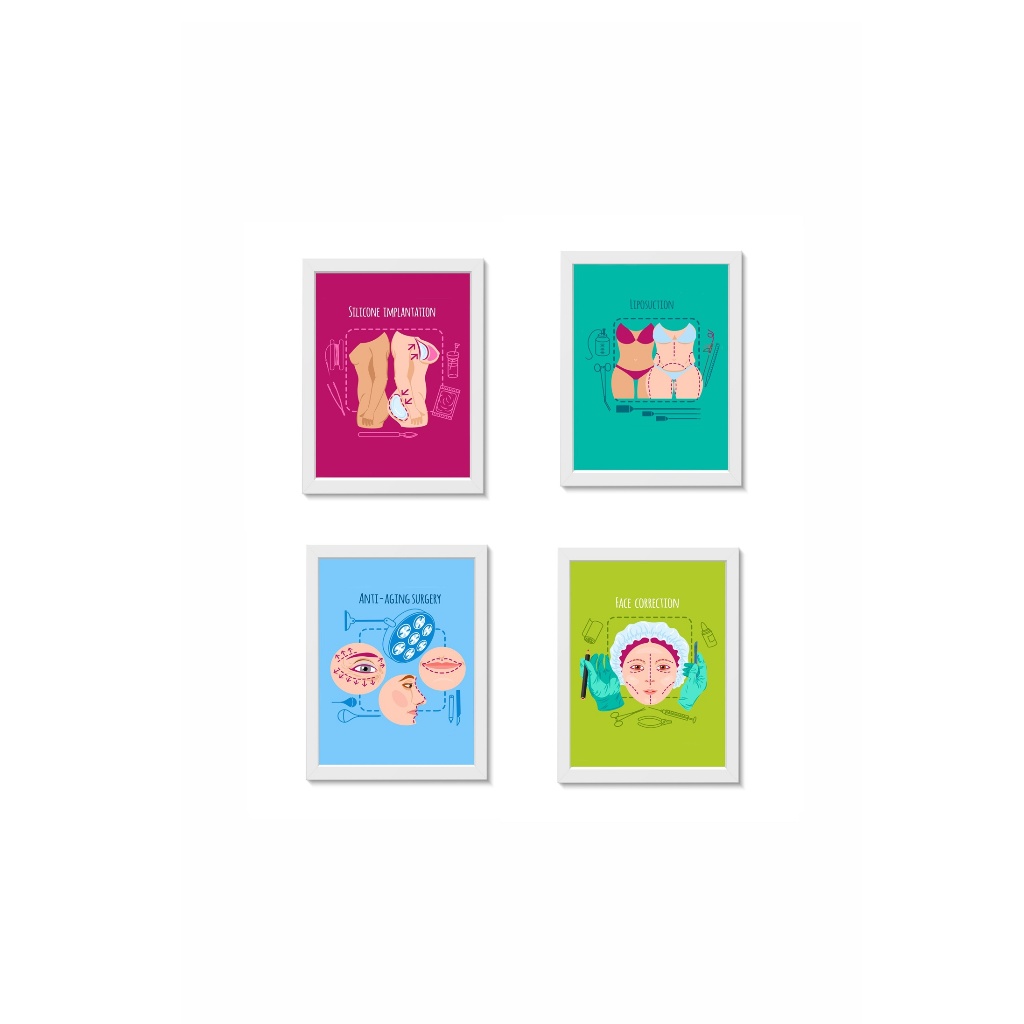 Kit 4 Quadros Decorativos Procedimentos Estéticos Dermatologia Medicina Consultório Clínica Molduras 20x30cm Madeira