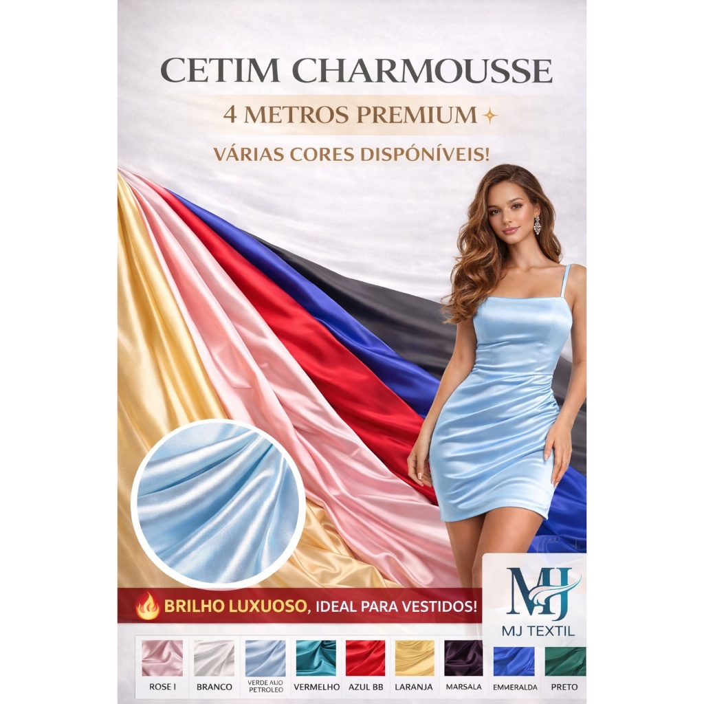 Cetim Charmousse 4 Metros Liso – Tecido para Vestidos, Moda Festa e Artesanato | Brilho Luxuoso | 1,50m
