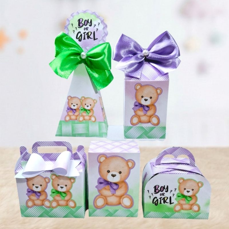 Kit Caixas Personalizados Tema Chá Revelação Ursinho Lilás e Verde - Festa - Aniversário (PEGUE E MONTE ou MONTADO)