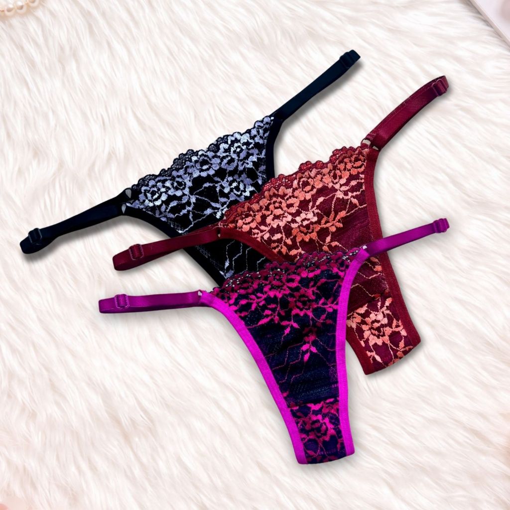 Kit 3/5 Calcinha Feminina De Renda Conforto Em Renda Bordada Regulável