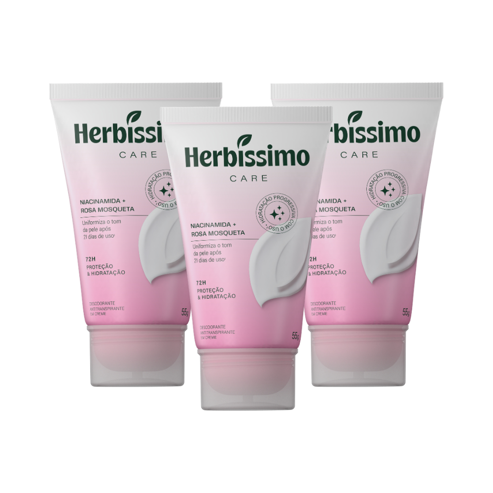 Kit Creme Desodorante Antitranspirante Herbíssimo Care Rosa Mosqueta E Niacinamida 55g (3 unidades)