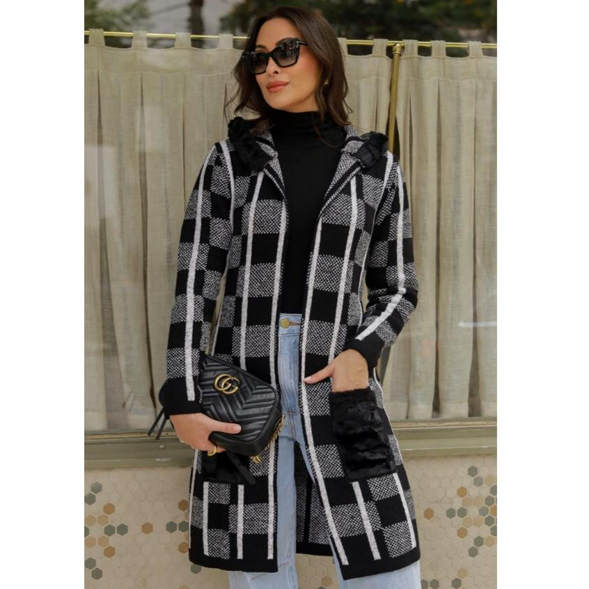Cardigan Casaco Alongado com Toca Detalhe Pelinho Inverno Tricot