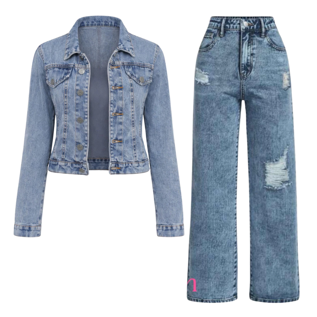 Kit jaqueta jeans + Calça wide leg  infantil Blusa de frio juvenil do 10 aos 16 anos