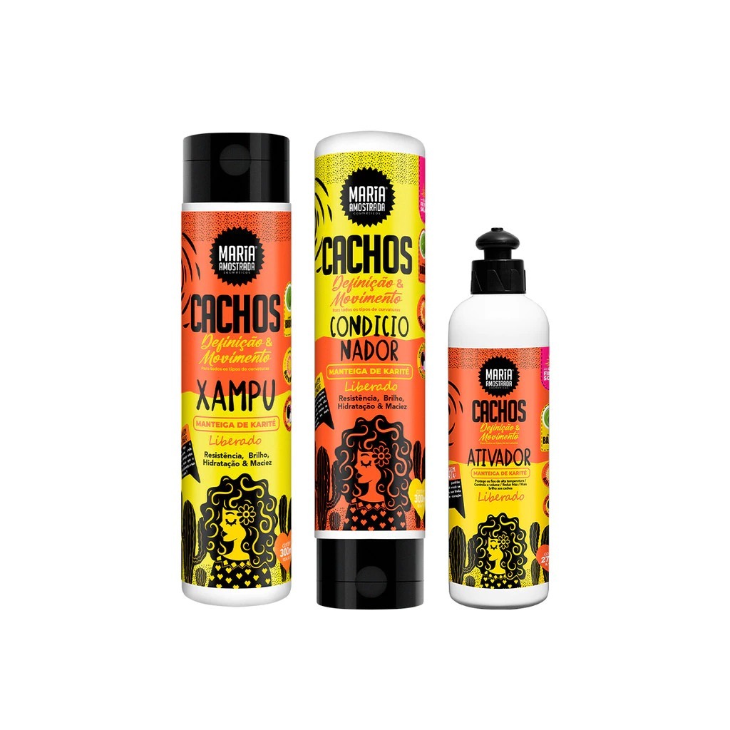 KIT CACHEADOS - SHAMPOO E CONDICIONADOR + ATIVADOR DE CACHOS MARIA AMOSTRADA