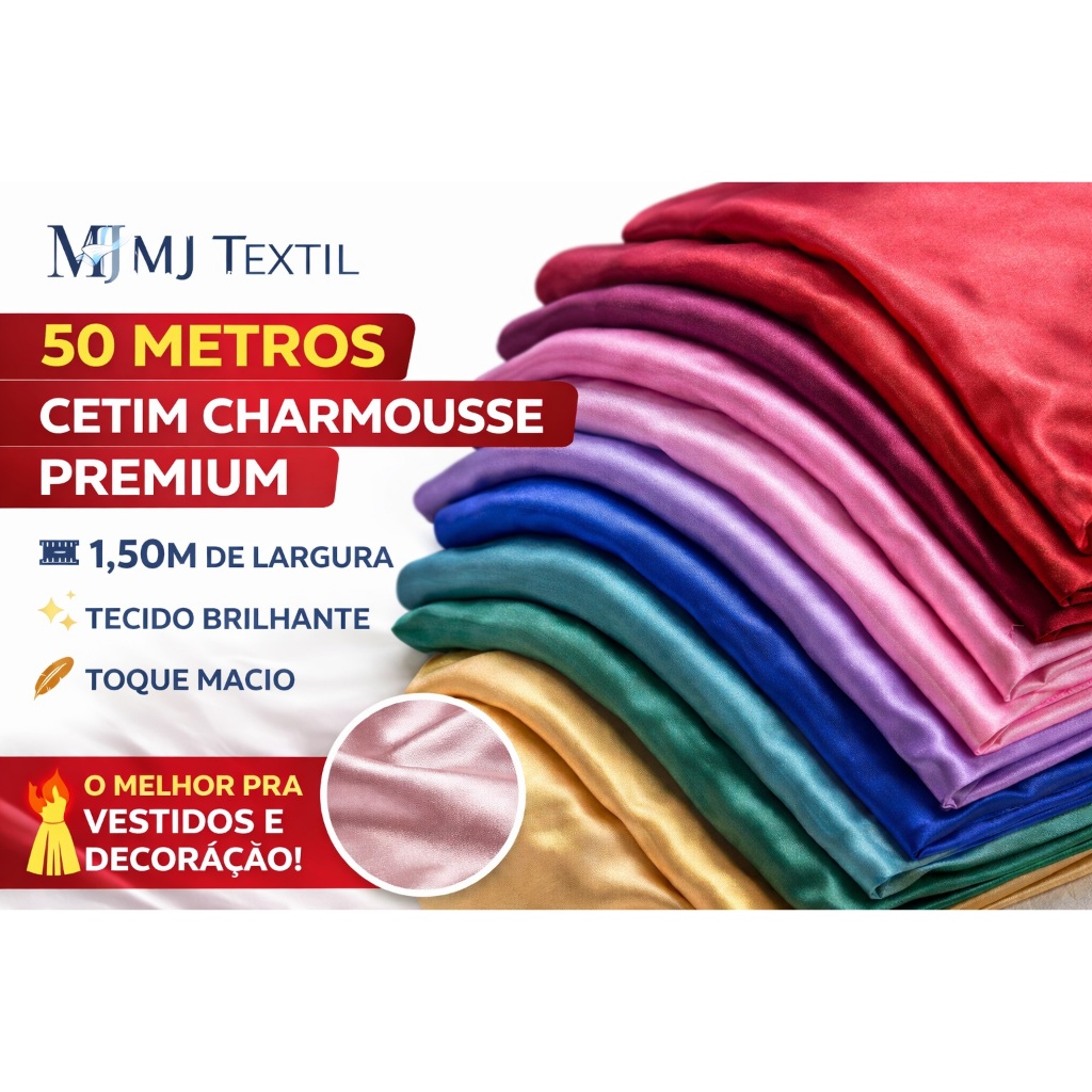 Kit 50 Metros Cetim Charmousse Premium 1,50m | Brilho Intenso, Toque Macio, Alta Qualidade