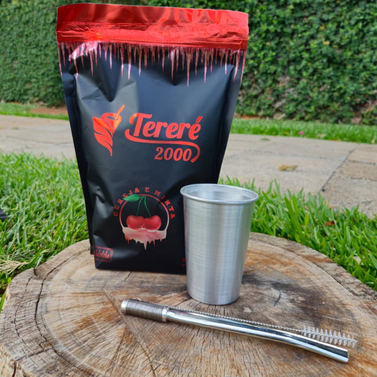 KIT Erva Mate Tereré 2000 Cereja e Menta 500g  + Copo em Alumínio 300ML + Bomba de Tereré Inox + Escova p/ Limpeza