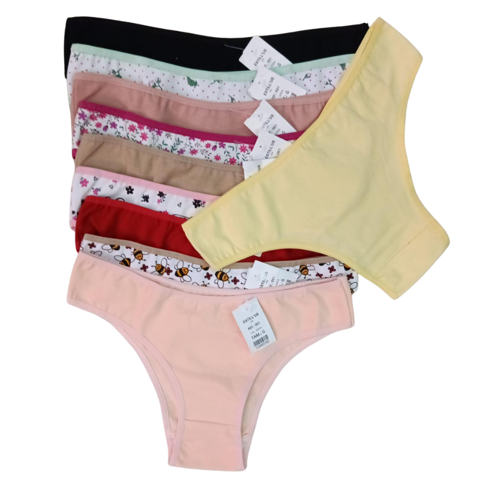 Kit Com 10 Calcinhas Cotton Viés Lisa e Estampada Confortável Algodão Feminina Dia a Dia