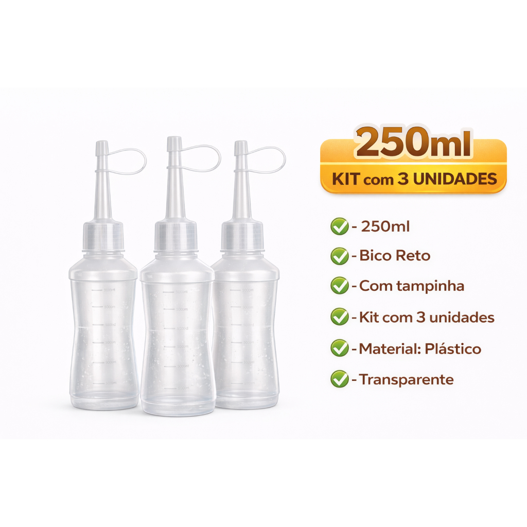 Kit 3 und Bisnaga Frasco Almotolia 250ml Para Líquidos e Fluidos C/ Bico Reto Aplicador e Tampa