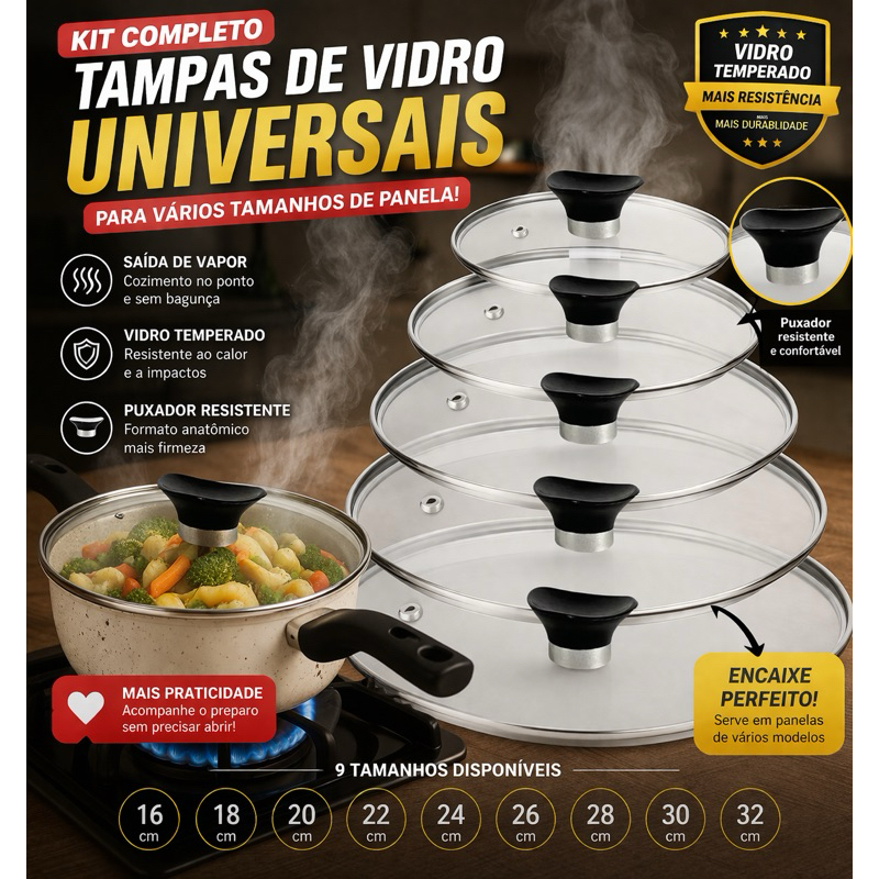 Tampa de Vidro Universal para Panela | 16 18 20 22 24 26 28 30 32 cm | Reposição com Puxador Resistente