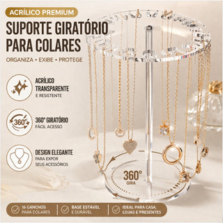 Organizador de Colares em Acrílico 18 Ganchos Giratório 360° para Penteadeira