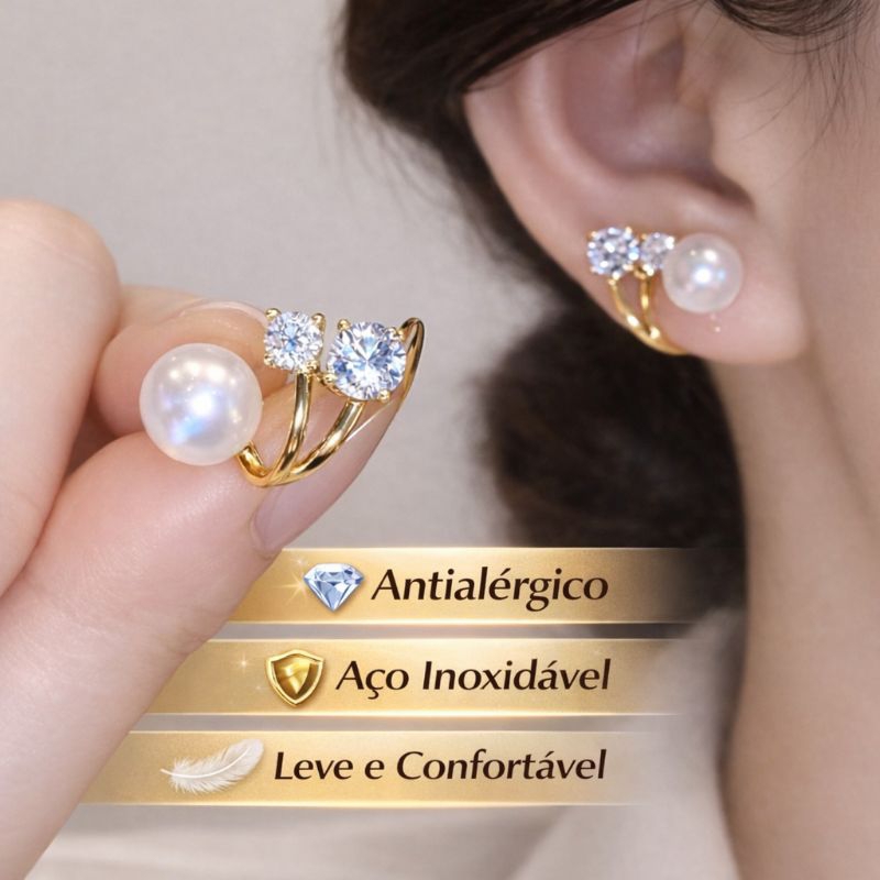 Brinco 2 em 1 Feminino Pérola Dourado Elegante Antialérgico Delicado Moda