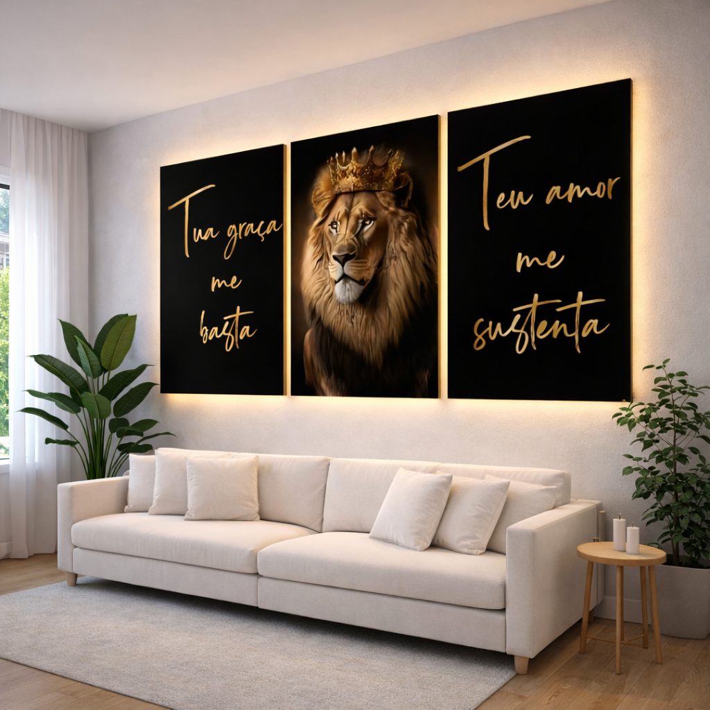 Quadros Decorativos Tua Graça Me Basta Leão de Judá Para Quarto Sala Luxo 3 Pçs Hd