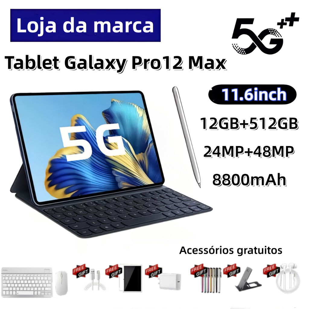 【Teclado e Mouse gratuitos】Tablet Galaxy Pro12 Max de 11,6 Polegadas, 12 Gb 512 Gb, 8800 mAh, Android 5g, com — R$ 1.109,00 em Shopee