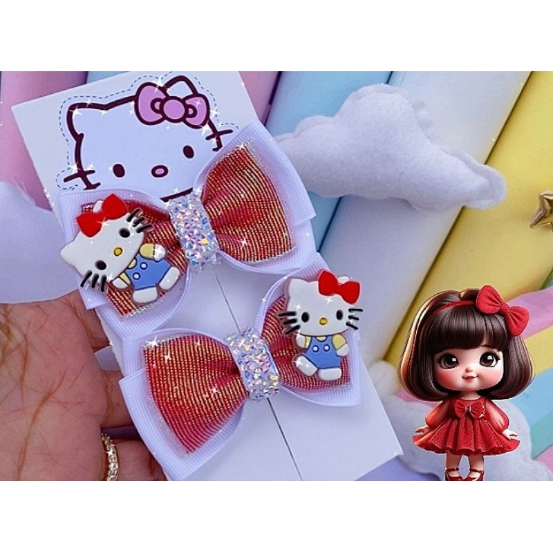 Laço de Cabelo Infantil Hello Kitty Vermelha – Presilha Bico de Pato Luxo Menina Personagem Blogueirinha