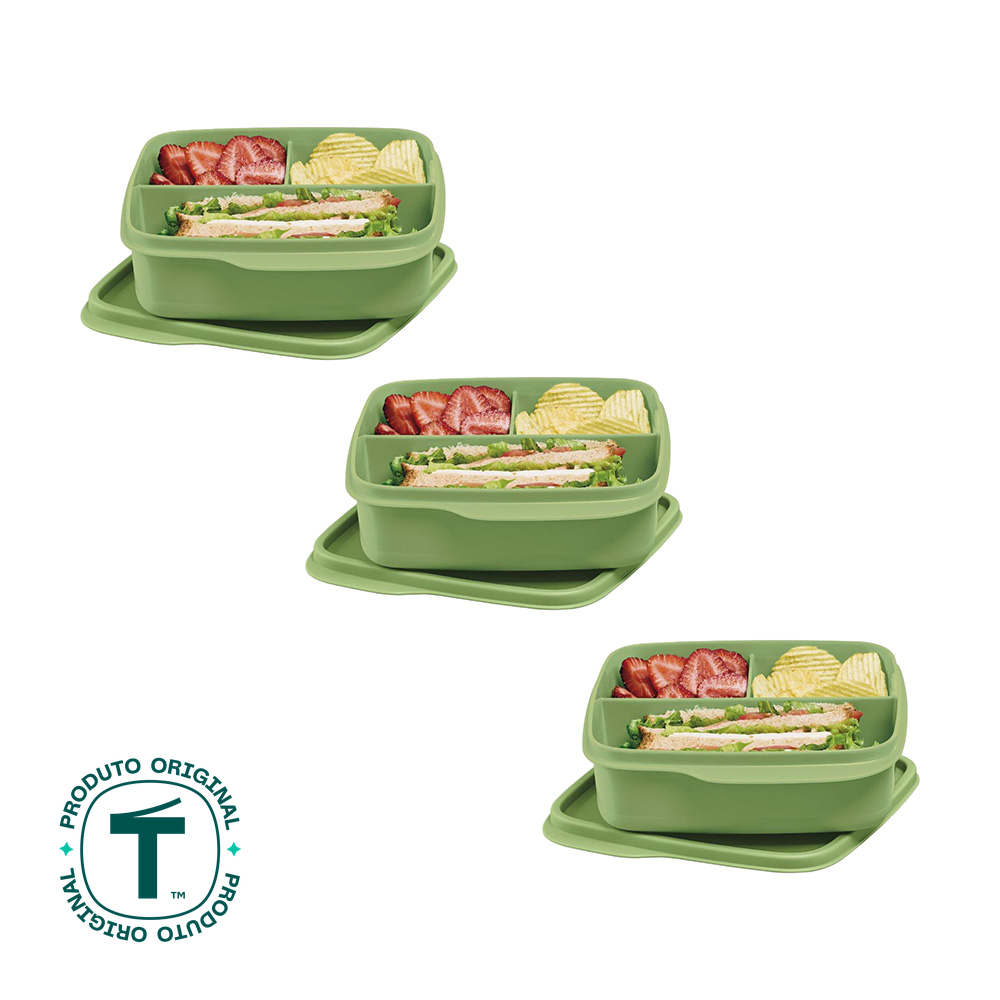 Kit com 3 Potes Herméticos Tupperware Basic Line Divisória Verde 550ml