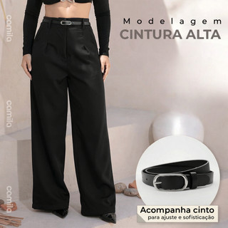 Calça Pantalona Alfaiataria  + Cinto Calça Social Premium Cintura Alta Tendência Com Bolso Cinto e Botão Calça Feminina