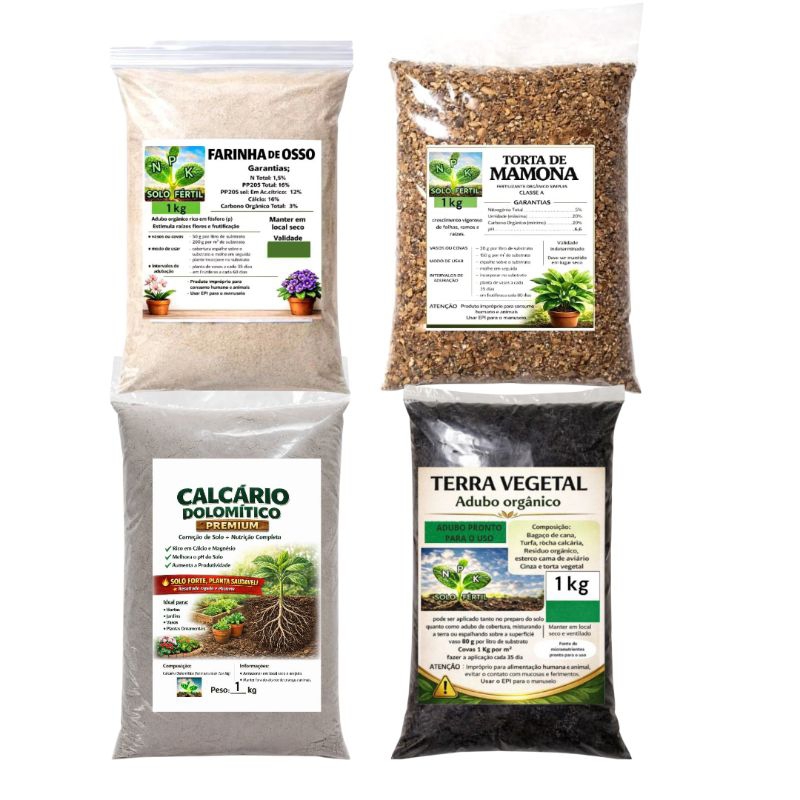 Kit Completo Adubos Orgânicos 4 kg Terra Vegetal + Farinha de osso + Torta de Mamona + Calcário