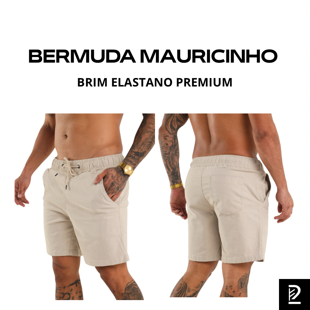 Bermuda Masculina Brim Premium Elastano Mauricinho - Short Casual Slim Confortável Elástico Verão