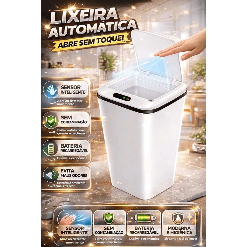 Lixeira Automática Inteligente Sensor 12L Cozinha Banheiro Tampa Touch Sem Contato