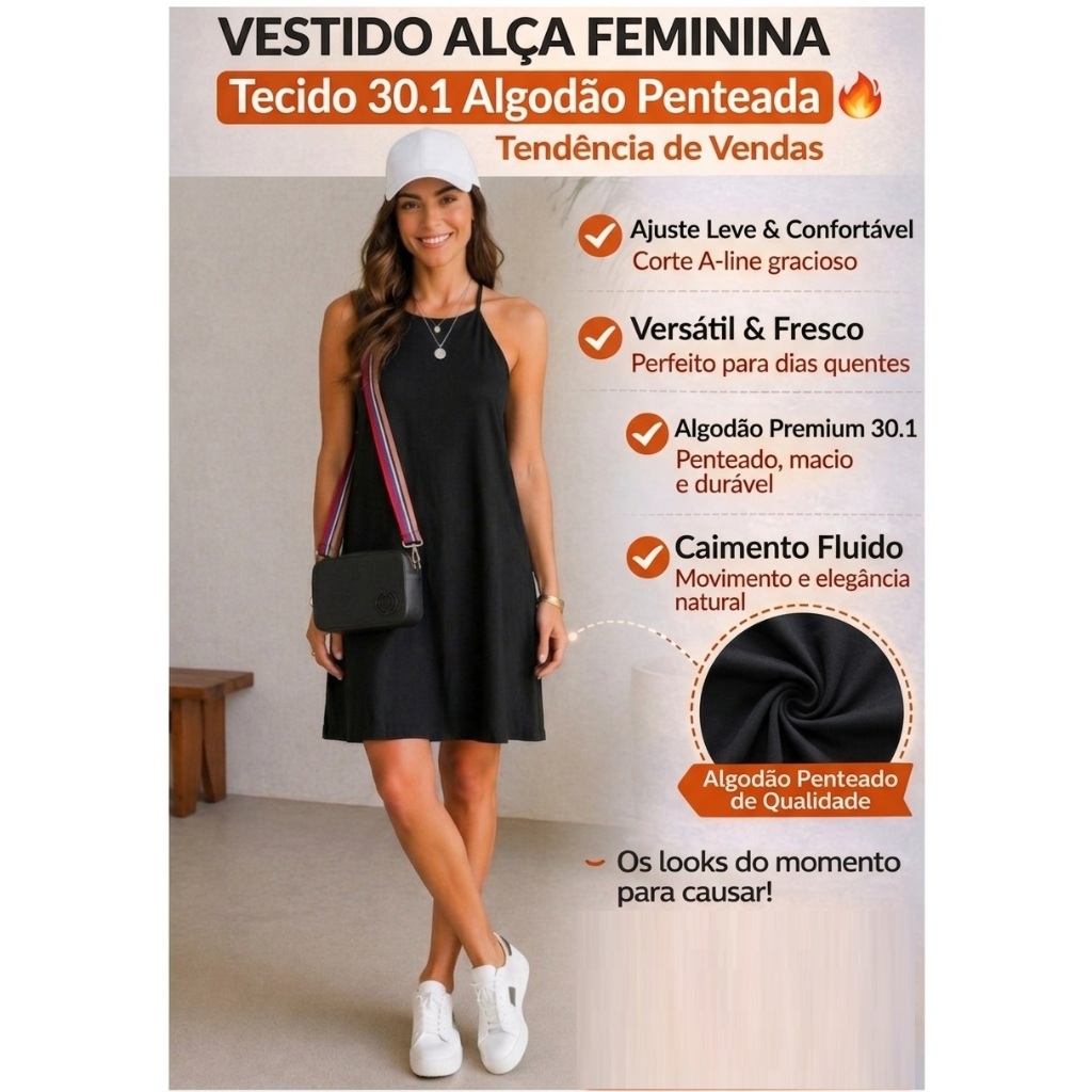 Vestido Feminino Algodão Tendencia Fresquinho Sem Mangas Passeio Liso Soltinho Alcinha Soltinho
